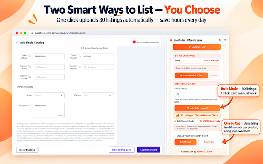 SnapSeller – Meesho & Flipkart Automation :: Autofill listings, bulk upload, sort labels by courier & calculate margins — 100% browser-based. No signup friction.