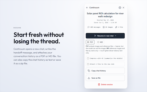 Continuum: Capture, Save & Resume AI Chats :: Capture an AI chat session and resume it in a new chat on any supported platform — never lose context to message/length limits.