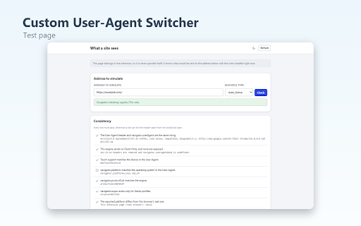 Custom User-Agent Switcher :: Switch your User-Agent with matching Client Hints and navigator overrides. Offline, no accounts, no tracking.