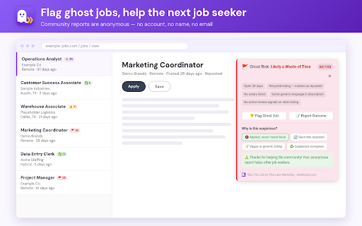 Skip This Job — Ghost Job Detector :: Detect ghost job listings on LinkedIn and Indeed. Get ghost risk scores, repost tracking, and employer transparency.