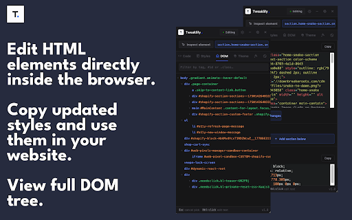 Tweaklify :: Fast DOM prototyping & live style editing — click any element to inspect and tweak it instantly.