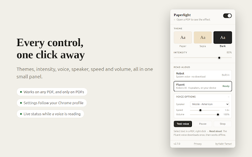 Paperlight: PDF Dark Mode & Read Aloud :: Dark mode, sepia, and paper themes for Chrome's PDF viewer, plus read PDFs aloud with natural offline voices.