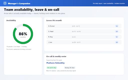 Manager's Companion :: Jira daily report, team availability, and incident monitor dashboard for engineering managers. Runs fully client-side — no server.