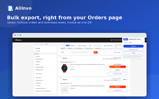 AliInvo - Aliexpress Invoice Generator :: Generate free AliExpress invoices & VAT credit notes as PDF, Word, Excel or CSV in one click, right from your orders page.