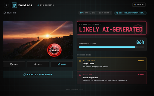 Faux Lens – AI Deepfake Detector :: Right-click any image to instantly check if it's AI-generated or a deepfake. Powered by FauxLens forensic analysis engine.