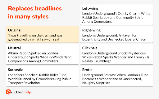 Clickbait.help :: Replaces clickbait headlines with proper ones. Generates headlines and summaries in different tones. Free, no ads or nagging.