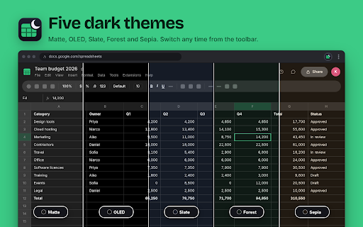 Google Sheets Dark Mode :: Applies a dark theme to Google Sheets.