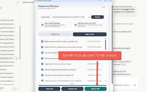 Claude Chat to PDF Saver :: Export Claude conversations to PDF with selective questions and answers. Bulk export supported.