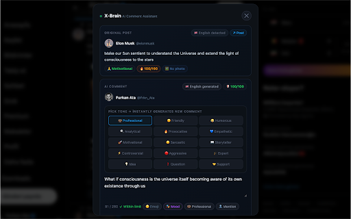 X-Brain – AI X Comment Assistant :: Generate smart AI-powered comment suggestions on X (Twitter). Choose a tone, review the suggestion, and post it yourself.