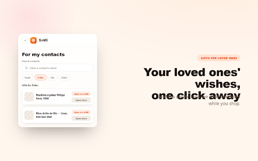 SoWi — Wishlist Companion :: Add products you find on any merchant page to your SoWi wishlists — for you or a contact.