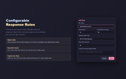 API Rate Limiter :: Simulate API rate limiting by intercepting fetch/XHR requests and returning configurable error responses.