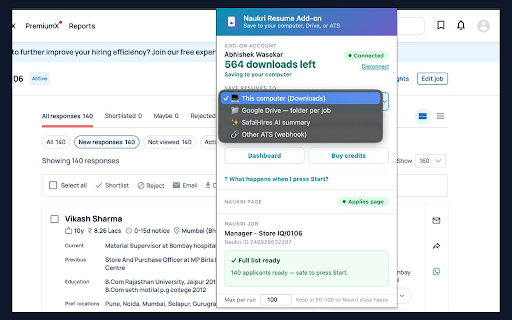 Naukri Resume Instant Downloader :: Download Naukri applicant resumes to your computer, Google Drive, your ATS, or SafalHires AI summary.