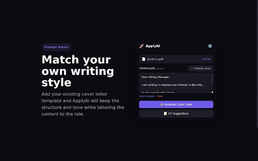 ApplyAI — Job Application Assistant :: Upload your CV, click on any job listing, get a tailored cover letter and CV suggestions in 30 seconds.