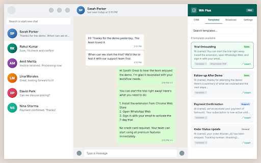 WA Plus – CRM for WhatsApp Web :: Supercharge WhatsApp Web with bulk messaging, templates, saved lists, CRM tools, and smart follow-ups.