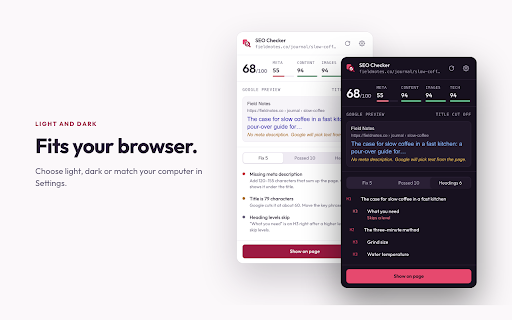 SEO Checker – Page Score & Fixes :: Score any page for SEO, preview it in Google and get a clear fix for every problem. Runs in your browser.