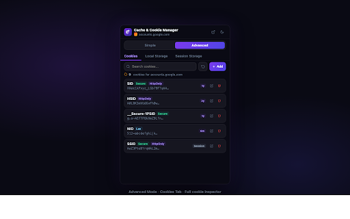 Cache & Cookie Manager :: Clear cache & cookies instantly. Full cookie editor plus localStorage & sessionStorage inspector — built for developers.