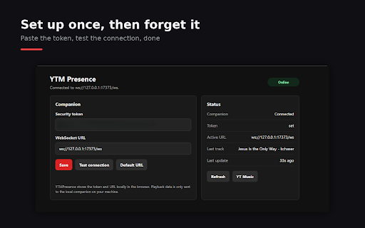 YTM Discord Presence Bridge :: Shows YouTube Music as Discord Rich Presence. Requires the free YTMPresence companion app for Windows.
