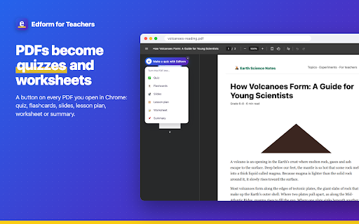 Edform for Teachers: AI Quiz Maker :: Turn any web page, PDF, YouTube video or selected text into a quiz, flashcards, slides or a lesson plan with Edform AI.