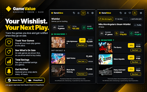 GameValue — Steam Deal & Price Tracker :: Find deals on Steam with a buy-vs-wait score from real price history, plus your library and wishlist. Not affiliated with Valve.