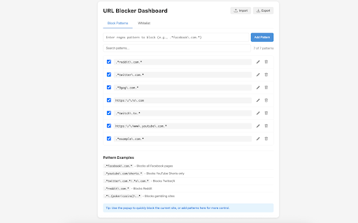 URL Blocker :: Block distracting websites and stay focused. Patterns sync across devices. 100% free - no ads, no limits, no premium.