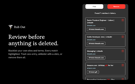 Rub Out: Selective History Cleaner :: Delete specific sites, keywords, or NSFW entries from your Chrome history. Keep everything else.