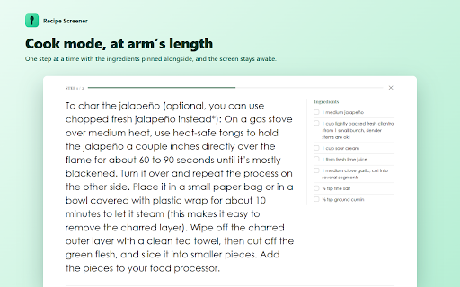 Recipe Screener :: The blog's own recipe card, minus the ads, share rows and newsletter pitches. Plus scaling, metric and a cook mode.