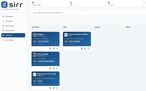 Sirr Job Saver :: Save job postings from LinkedIn, Finn.no, NAV Arbeidsplassen, Jobbnorge, and Indeed to your Sirr Application Tracker.