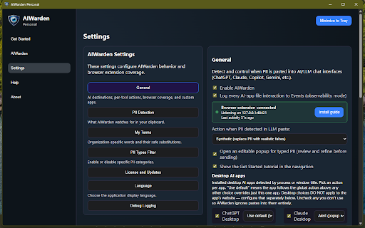 AIWarden Personal Companion :: Protects PII, credentials, and confidential terms from AI chat interfaces by pairing with AIWarden Personal.