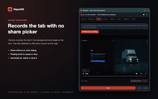 ReproKit - 1Click Bug Report :: Records console, network and interaction context into a dev-ready bug report in one click. Nothing leaves your machine.
