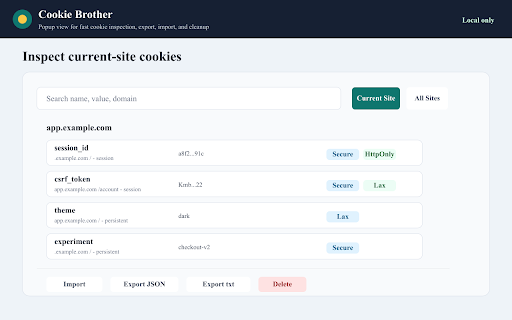 Cookie Brother :: Import, export, inspect, and clean browser cookies locally.
