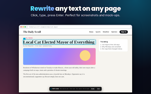 Delete & Edit Element :: Hide ads and popups or rewrite any text on any web page. Free, private, saved per site. Only you see the changes.