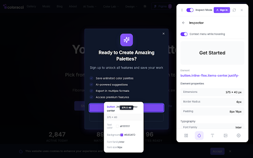 Coloracci: CSS Inspector, Colors & AI Specs :: Inspect CSS, extract color palettes, fonts & assets from any site. Copy elements as CSS, Tailwind or AI prompts. 100% free.
