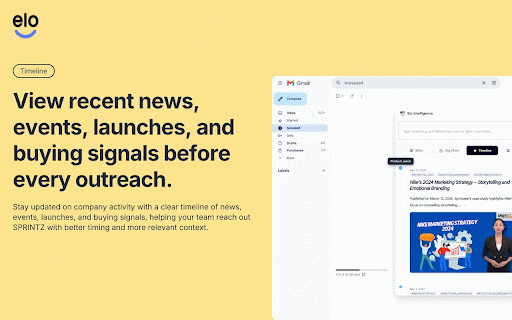 EloAI :: Sales intelligence in Gmail and on LinkedIn profiles: compose assistant, insights dashboard, and company/person context.