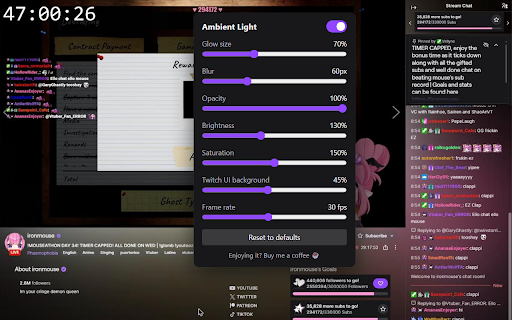Ambient Light for Twitch :: Ambient glow around the Twitch player in the colors of the current frame. Adjustable size, blur, brightness and more.