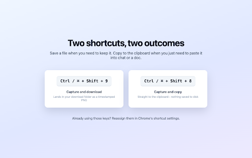 Visible Screenshot - Copy to Clipboard, Save PNG, Capture Visible Tab :: One shortcut screenshots the visible tab. Copy it to the clipboard to paste into chat, docs or AI tools, or save it as PNG.