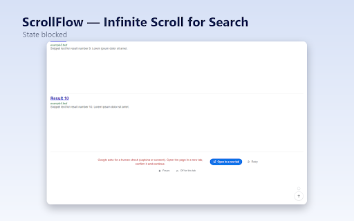 ScrollFlow — Infinite Scroll for Search :: Infinite scroll for Google Search results: loads the next pages automatically, with page markers, limits and a manual mode.