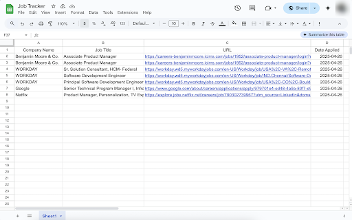 Job Tracker: Save job applications to Google Sheets :: Save applied jobs automatically into your Google Sheets!