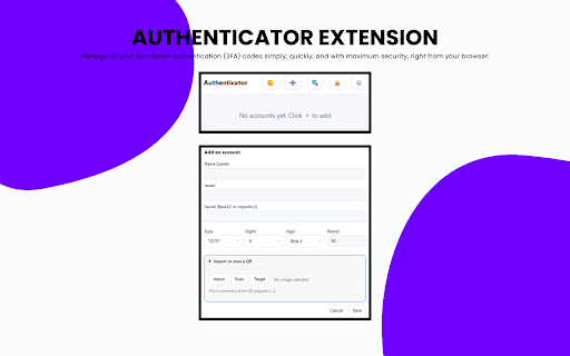 Authenticator Extension :: Securely generates TOTP Time-based One-Time Password, HOTP HMAC-based One-Time Password codes, featuring a QR import function.