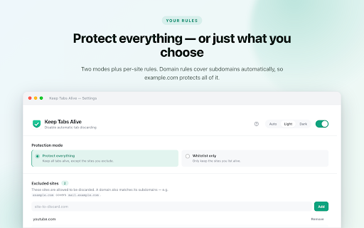 Keep Tabs Alive — Disable Automatic Tab Discarding :: Disable Chrome tab discarding and prevent unwanted tab reloads. Per-site rules, per-tab control and live stats.