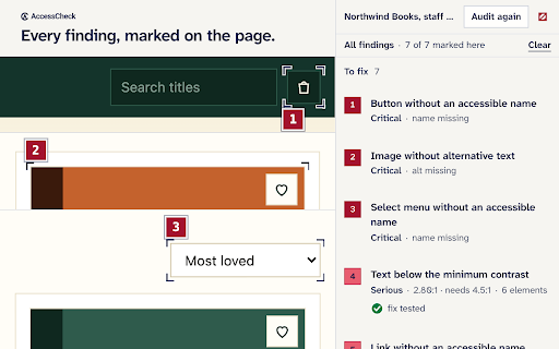 AccessCheck :: Inspect accessibility problems in the current tab: what failed, where it is, and the real keyboard focus path.