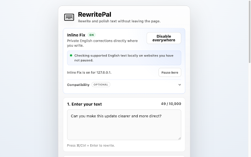 RewritePal: AI Rewriter & Grammar Checker :: Rewrite text with AI and fix supported English issues locally with Harper-powered Inline Fix.