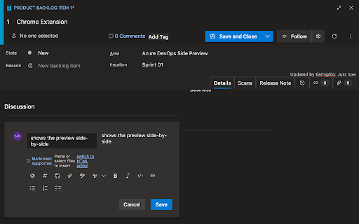 Azure DevOps Side Preview :: Moves the Azure DevOps Markdown preview to the right and keeps the toolbar on its own row.