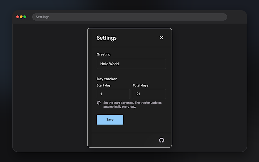 New Tab :: Minimal new tab with day tracker, shortcuts pinned.