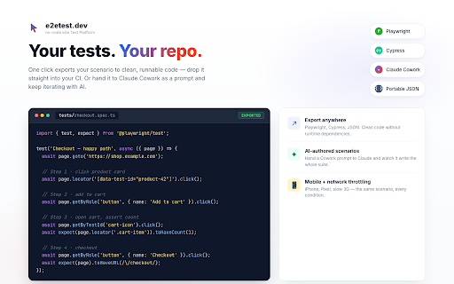e2etest.dev - no-code e2e Test Platform :: Visual no-code e2e test platform — build, run and ship browser tests. Exports to Playwright & Cypress, AI-authoring via Cowork.