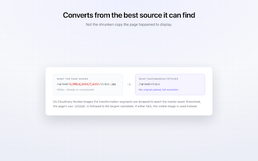 SaveImageAs: Save images as JPEG, PNG or WebP :: Right-click any image and save it as JPEG, PNG or WebP. The conversion runs on your own computer, at a quality you set.