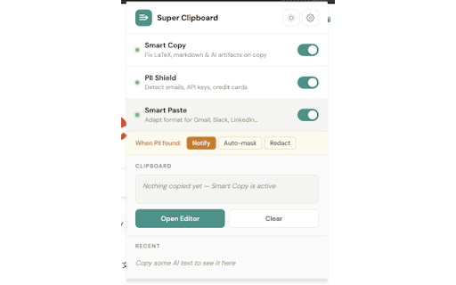 Super Clipboard :: Auto-fix LaTeX, chemistry, markdown & AI text on copy. Features smart site profiles, floating quick actions, and PII protection.
