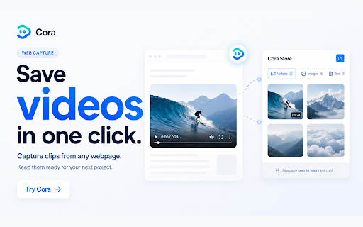 Cora — Relay Creative Assets Between Tools :: Cora helps creators capture images, videos, and prompts from the web, drag them into any tool with 1 click