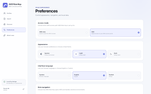 AWS Role Hop :: Launch AWS Console roles and Identity Center profiles from private, local-only lists.