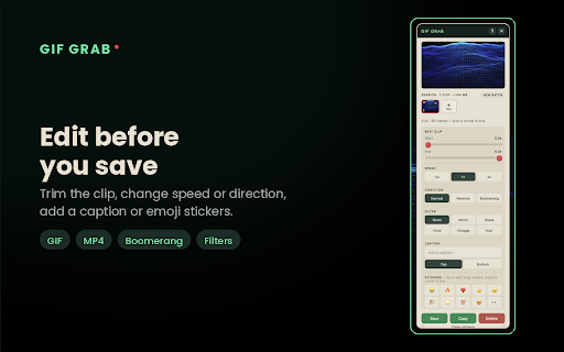 GIF Grab :: Grab any part of a web page as an animated GIF or MP4. Runs entirely on your machine — nothing is uploaded.