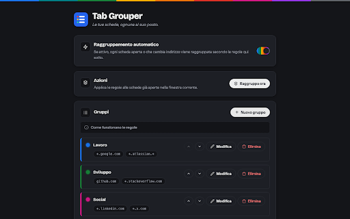Tab Grouper — Automatic tab groups :: Automatically sorts your tabs into Chrome tab groups based on customizable domain rules. Tidy tabs in one click.